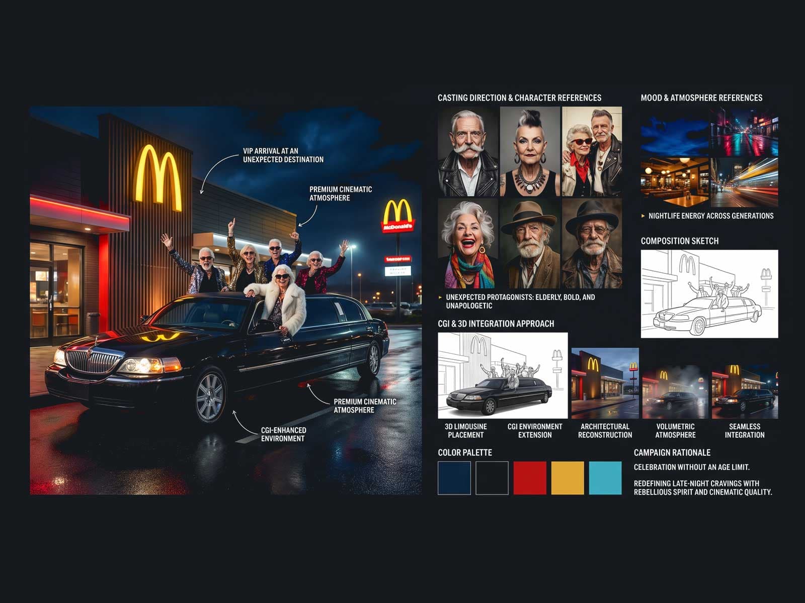 Moodboard for McDonald's midnight concept: nocturnal architecture, limo arrival, oversized arches, low ambient light
