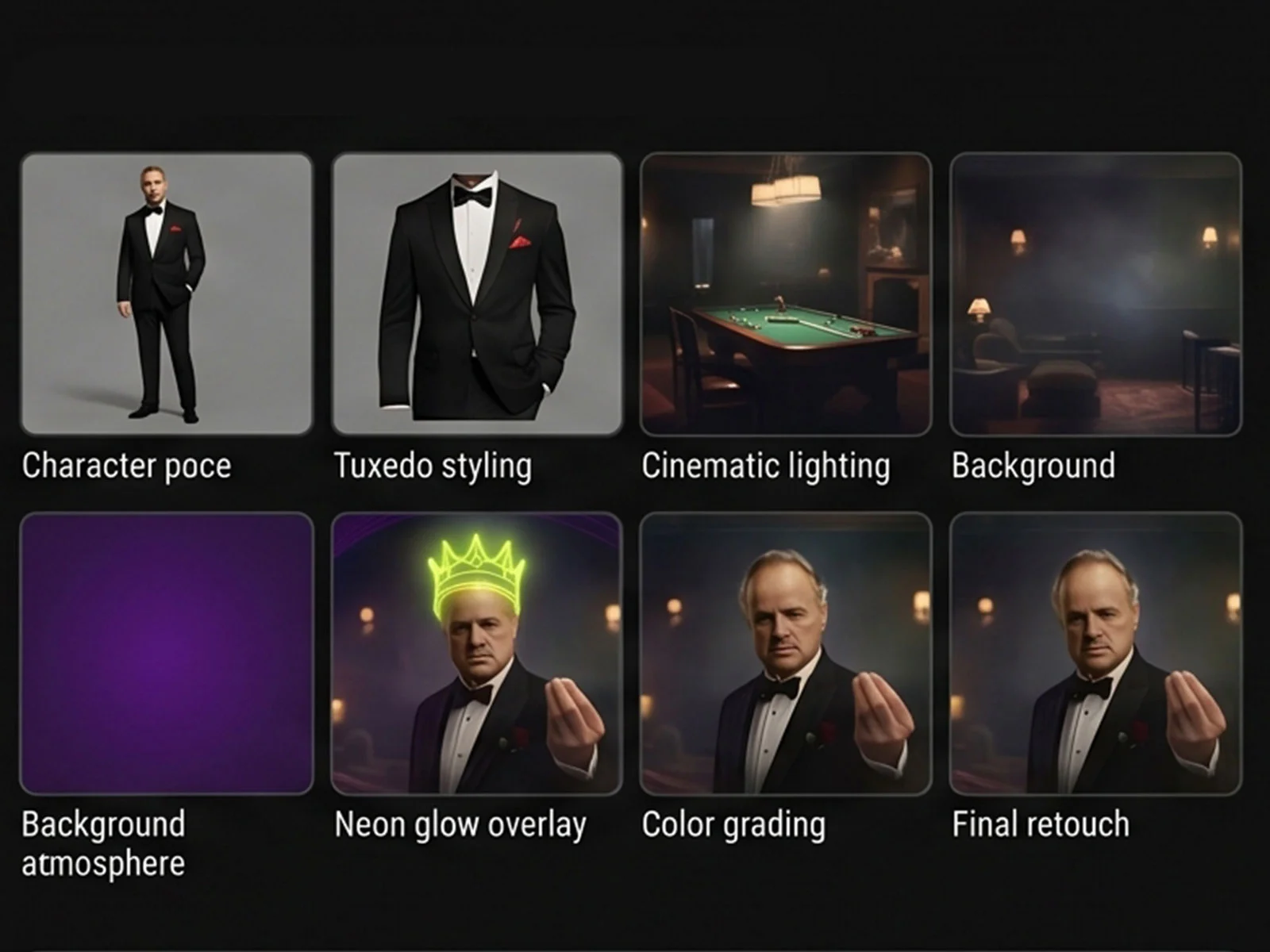 Moodboard grid exploring the Boss/King archetype, lighting references, and Kingsbet palette