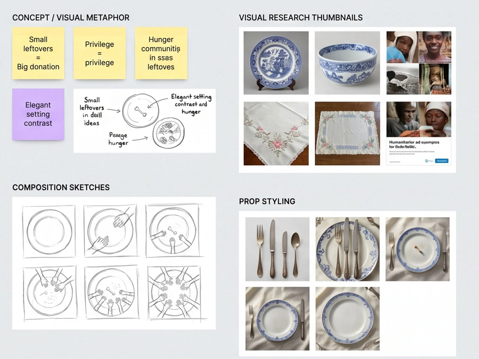 Moodboard grid exploring fine porcelain, luxury table settings, and dignified visual metaphor