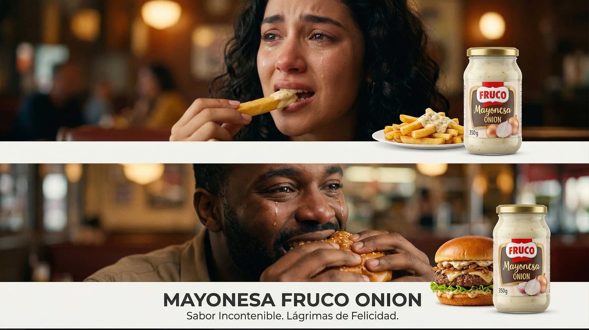 Final Fruco Onion campaign key visual: Mayonesa Fruco Onion. Sabor Incontenible. Lágrimas de Felicidad.